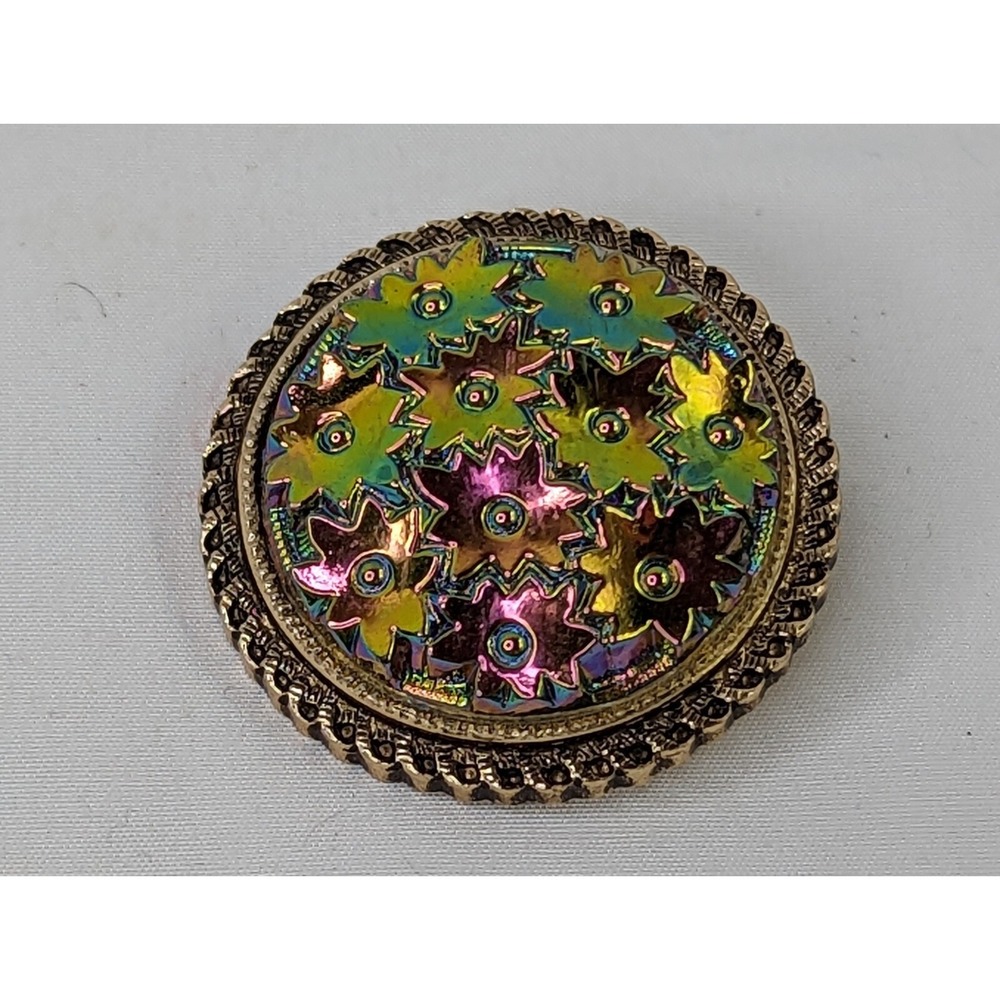 Iridescent Floral Round Brooch - Multicolor